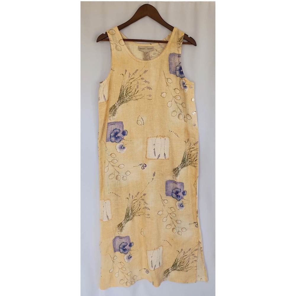 Sweet Jessie Yellow 100% Linen Botanical Print Sleeveless Shift Dress Lavender M